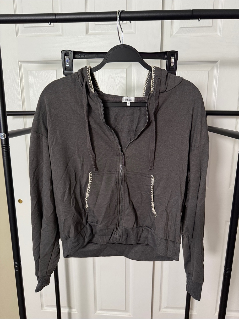 Kensie Charcoal Gray Zip Hoodie with Contrast Stitching